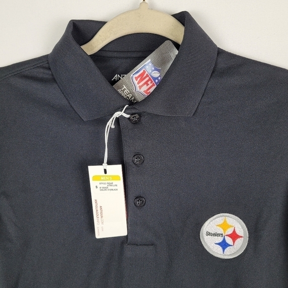 Pittsburgh Steelers Antigua Embroidered Pique Xtra-Lite Black Polo Shirt Sz S - Picture 2 of 7